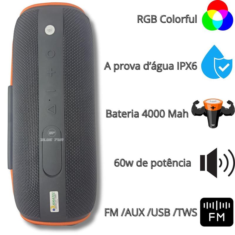 Caixa de Som Portátil 60W Bluetooth A prova D'água IPx6 USB